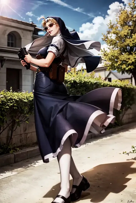 (masterpiece, best quality:1.2), eda, black lagoon, 1girl, solo, blonde hair, looking at viewer, handgun, blue eyes, black footwear, nun, weapon, day, sky, huge breasts, gun, sunglasses, cloud, dress, outdoors, smoke, smoking, habit, cigarette, holster, white pantyhose, tree, blue sky, ahoge, pantyhose <lora:EDA-15:0.8>