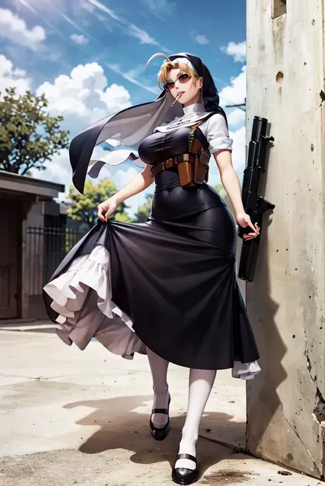 (masterpiece, best quality:1.2), eda, black lagoon, 1girl, solo, blonde hair, looking at viewer, handgun, blue eyes, black footwear,  nun, weapon, day, sky, huge breasts, gun, sunglasses, cloud, dress, outdoors, smoke, smoking, habit, cigarette, holster, white pantyhose, tree, blue sky, ahoge, pantyhose <lora:EDA-15:0.8>