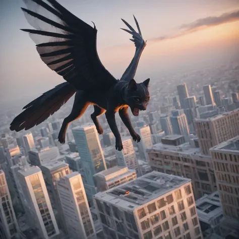 score_9, score_8_up, best quality, masterpiece, 4k, uncensored, prefect lighting, very aesthetic, 1girl, black cat-girl with wings flies above city, yawns, city building,