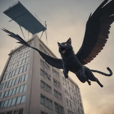 score_9, score_8_up, best quality, masterpiece, 4k, uncensored, prefect lighting, very aesthetic, black cat-girl with wings flies above city, yawns, city building below,