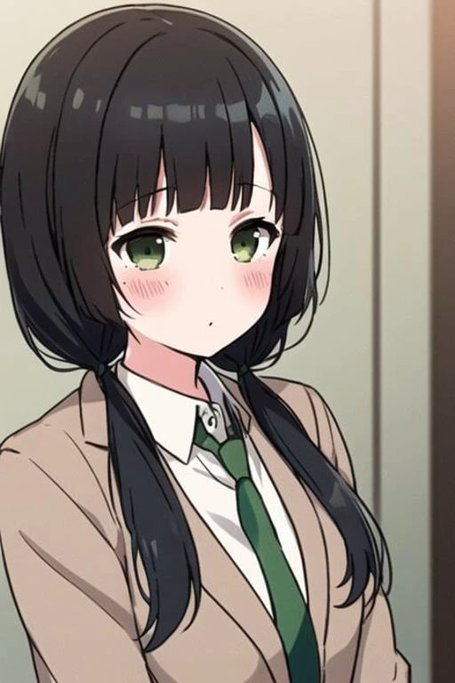 <lora:yasuhara_ema:0.6> yasuhara_ema, green_eyes, short twintails, low twintails, 1girl, black_hair, gray school uniform, green necktie, blazer, blush, ^ ^,, (masterpiece, ultra detailed, best quality),