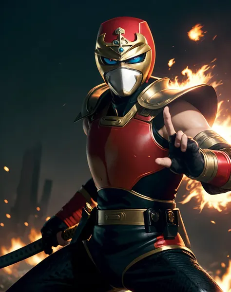 concept art RAW photo, full sharp, (epic wallpaper), dslr, soft lighting, high quality, film grain, Fujifilm XT3, (Realistic), high quality, (gold metal intricate details), sekai ninja sen jiraiya, jiraiyaquiron character, 1boy, male focus, helmet, mask, blue eyes, tokusatsu, fingerless gloves, ninja, dynamic pose, action pose, hero pose, katana,
detailed background war, fire and explosions shallow depth of field, vignette, highly detailed, high budget Hollywood movie, bokeh, cinemascope, moody, epic, gorgeous, film grain, grainy,
<lora:quiron_JirayaSekai_V1_Lora:0.57> . digital artwork, illustrative, painterly, matte painting, highly detailed