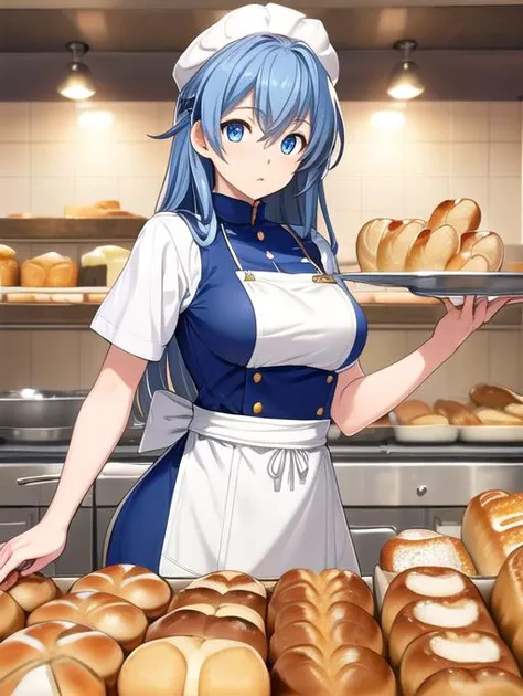 best quality, masterpiece, highres, detailed, realistic,  <lora:Detail - add_detail:0.2>, BakerCh, CoralVanguard, blue hair, blue eyes, long hair, medium breasts, chef uniform, brown apron, bread,  <lora:Character - CoralV4:0.6>, <lyco:Change - BakerCh:0.8>