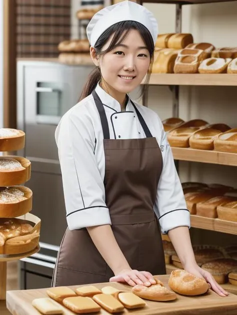 best quality, masterpiece, highres, detailed, realistic,  <lora:Detail - add_detail:0.2>, BakerCh, chef uniform, brown apron, bread,<lyco:Change - BakerCh:0.8>,  japanese woman in her late 20's working at a bakery,