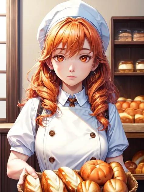 best quality, masterpiece, highres, detailed, realistic,  <lora:Detail - add_detail:0.2>, BakerCh, chef uniform, brown apron, bread,<lyco:Change - BakerCh:0.8>, CelicaFE, white bandana, orange hair, orange eyes, <lora:Character - CelicaFE:0.7>