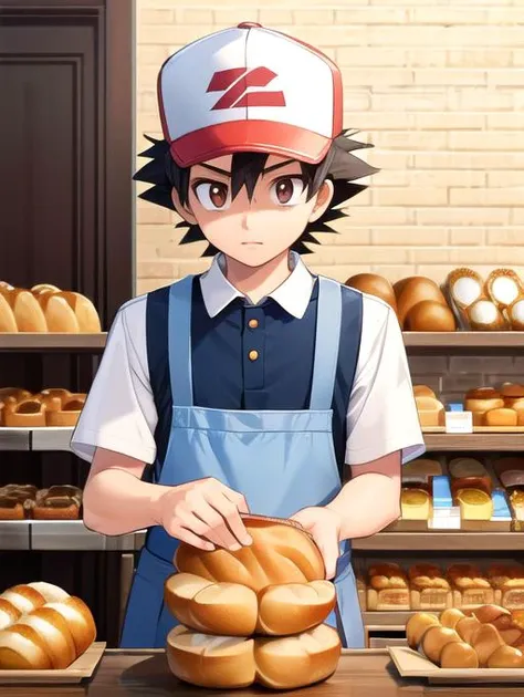 best quality, masterpiece, highres, detailed, realistic,  <lora:Detail - add_detail:0.2>, BakerCh, chef uniform, brown apron, bread,<lyco:Change - BakerCh:0.8>, AshOG, black hiar, spiked hair, brown eyes,  <lora:Character - AshOG:0.6>, hat, 1boy, pokeball bread,