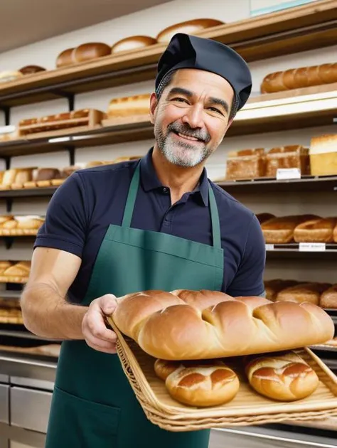 best quality, masterpiece, highres, detailed, realistic,  <lora:Detail - add_detail:0.2>, BakerCh, chef uniform, brown apron, bread,<lyco:Change - BakerCh:0.8>, american man in his late 50's working at a bakery,