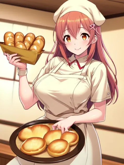 best quality, masterpiece, highres, detailed, realistic,  <lora:Detail - add_detail:0.2>, BakerCh, chef uniform, brown apron, bread,<lyco:Change - BakerCh:0.8>,   <lora:Character - Mite:0.6>, white bandana, long brown hair, orange eyes, pink hair ornament, happy,