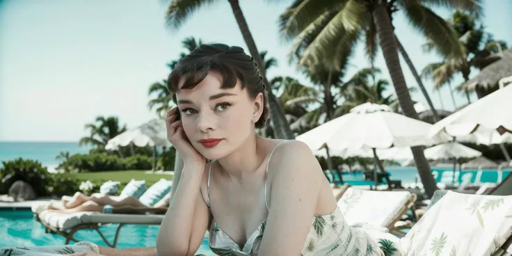 <lyco:Audrey Hepburn-v1.0:1> portrait of beautifulAudrey Hepburn, full body view, posing in a sundress, water and palm trees in the background, sitting on a beach chair, realistic, film grain, sharp, bokeh, uhd, screenshot