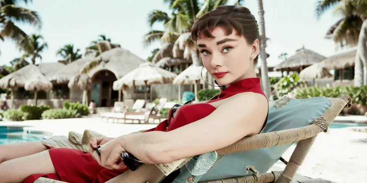 <lyco:Audrey Hepburn-v1.0:1> portrait of beautiful Audrey Hepburn, full body view, posing in a red sundress, water and palm trees in the background, sitting on a beach chair, realistic, film grain, sharp, bokeh, uhd, movie screenshot