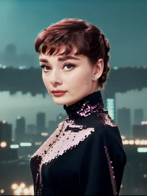 <lyco:Audrey Hepburn-v1.0:1> portrait of beautiful Audrey Hepburn, cyberpunk city skyline in the background, wearing a sequin dress, realistic, film grain, sharp, bokeh, uhd, movie screenshot, side view