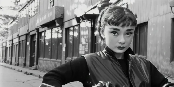 <lyco:Audrey Hepburn-v1.0:1> portrait of beautiful Audrey Hepburn, riding a motorcycle, action shot, motion blur, wearing a leather vest, realistic, film grain, sharp, bokeh, uhd, movie screenshot