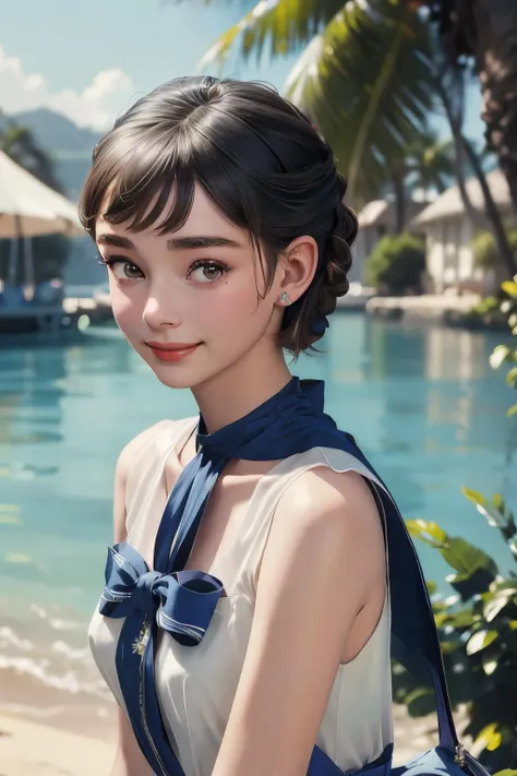 (best quality, masterpiece), official art, hyper detailed, 1girl, Audrey Hepburn, solo, (smile), beautiful, pure, innocent, elegance, fairy, pale skin, ((summer clothes)), <lora:Audrey Hepburn-v1.0:0.6>, ultramarine, <lora:Ultramarine2-pynoise-loha-16:0.1>,