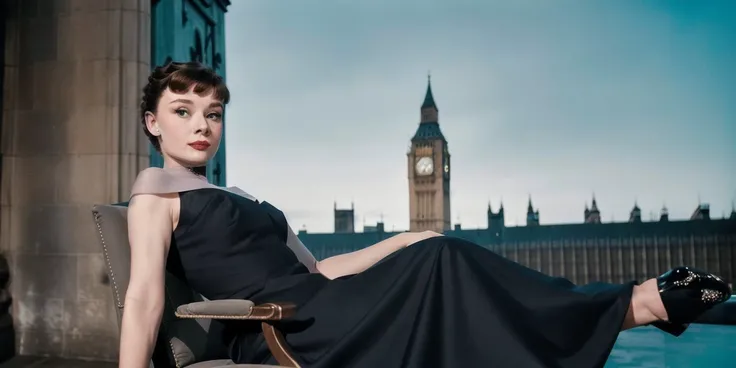 <lyco:Audrey Hepburn-v1.0:1> portrait of beautifulAudrey Hepburn, full body view, posing in an evening dress on a blacony, big ben in the background, sitting on a chair, realistic, film grain, sharp, bokeh, uhd, screenshot