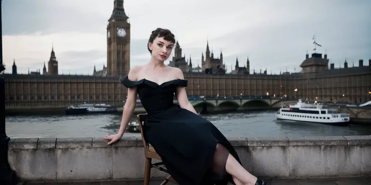 <lyco:Audrey Hepburn-v1.0:1> portrait of beautifulAudrey Hepburn, full body view, posing in an evening dress on a blacony, big ben in the background, sitting on a chair, realistic, film grain, sharp, bokeh, uhd, movie screenshot