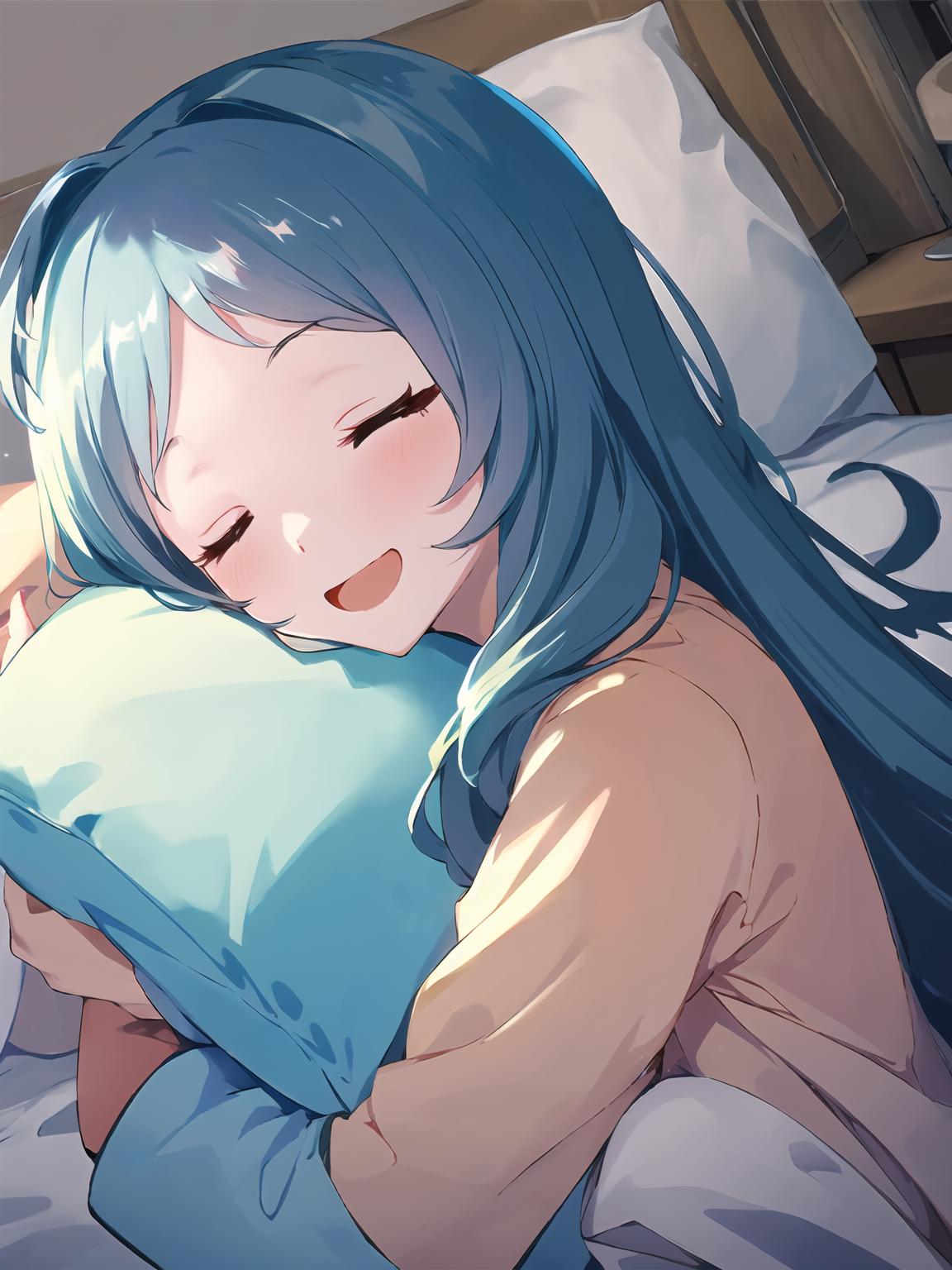 Anime girl with blue hair laying in bed with pillow - SeaArt AI