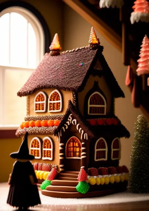 a witch stands infront of an intricate house made of candy and gingerbread