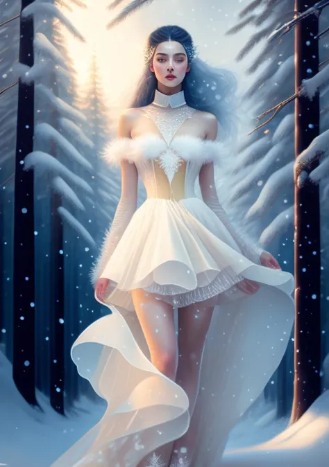 falling snow, dynamic pose, pinup body, ((figure skaters with flowing skirt, sheer layered petticoat)), standing ((in a pine forest)), ((under trees)), ((blowing leaves and snow)), fluffy clouds in the sky, (snow flake splashes:1.3), vaporware, digital art, trending on artstation, highly detailed, fine detail, intricate, by (winter-style) and Tom Bagshaw and Karol Bak and (winter-style)