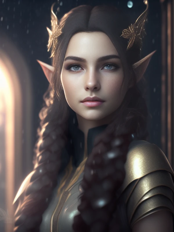 estilovintedois, (extremely detailed CG unity 8k wallpaper),(masterpiece), (best quality), (realistic), (((best�quality))), ((ultra-detailed)), cyberpunk, summer, rain, sharp, rule of thirds, elven empress, long hair, headdress, ((())), (kid),f, pointy ears, solo, intricate dress, sharp, looking at viewer, fullbody, ((beautiful girl))