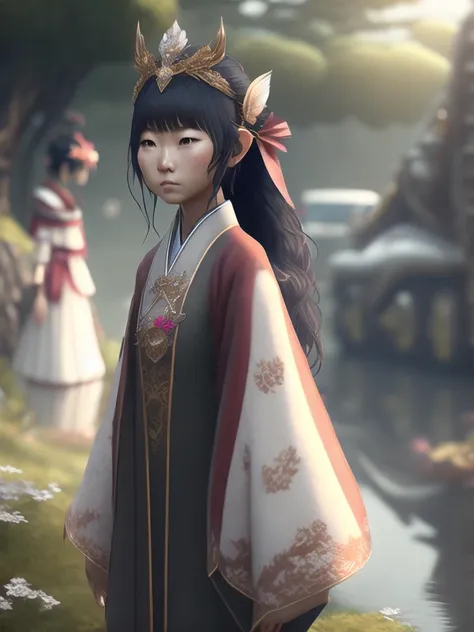 estilovintedois, (extremely detailed CG unity 8k wallpaper),(masterpiece), (best quality), (realistic), (((best�quality))), ((ultra-detailed)), rural Japan, Japan, summer, rain, sharp, rule of thirds, elven empress, asian empress, long hair, headdress, (), (kid),f, pointy ears, solo, intricate traditional japanese dress, sharp, looking at viewer, fullbody