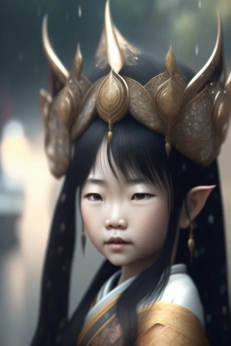 estilovintedois, (extremely detailed CG unity 8k wallpaper),(masterpiece), (best quality), (realistic), (((best�quality))), ((ultra-detailed)), rural Japan, Japan, summer, rain, sharp, rule of thirds, elven empress, asian empress, long hair, headdress, , elf, pointy ears, solo, intricate traditional japanese dress