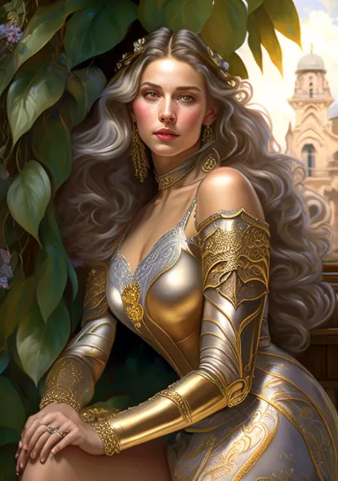 1girl, sitting, pinup_body, highly detailed, beautiful face, smiling, looking_at_viewer, ((grey steal armor with intricate engravings and gold trim)), chainmail stockings, steal boots, soft light, ((roman white architecture background)), long flowing hair, hanging plants, intricate, elegant, studio lighting, soft lighting, hyper detailed illustration, gorgeous, elegant, intricate, alluring, stunning, award winning, (5400k color temperature), realistic, sharp focus, 8k high definition, intricate, highly detailed, high resolution, realistic digital painting, HDR, by Norman Rockwell and Alphonse Mucha and Artgerm