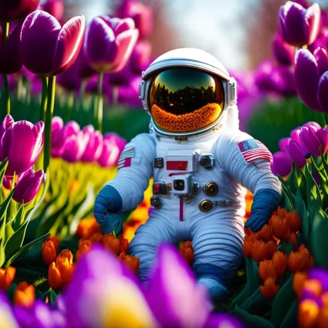 An astronaut in a tulip garden on a spring day