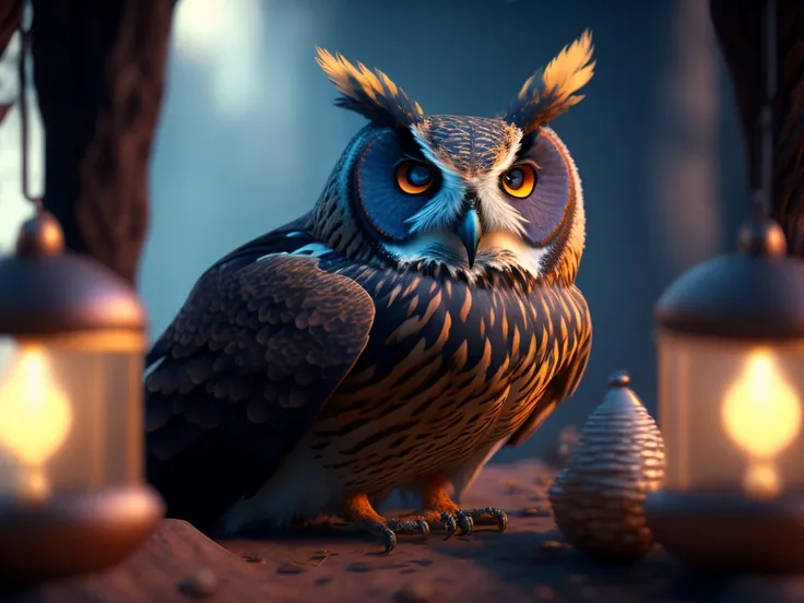 highly detailed, digital painting, atmospheric lighting, octane render, unreal engine, professional, eagle owl90 metal beak fantasy mystery sick