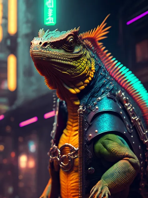 Ronin iguana entering a cyberpunk saloon