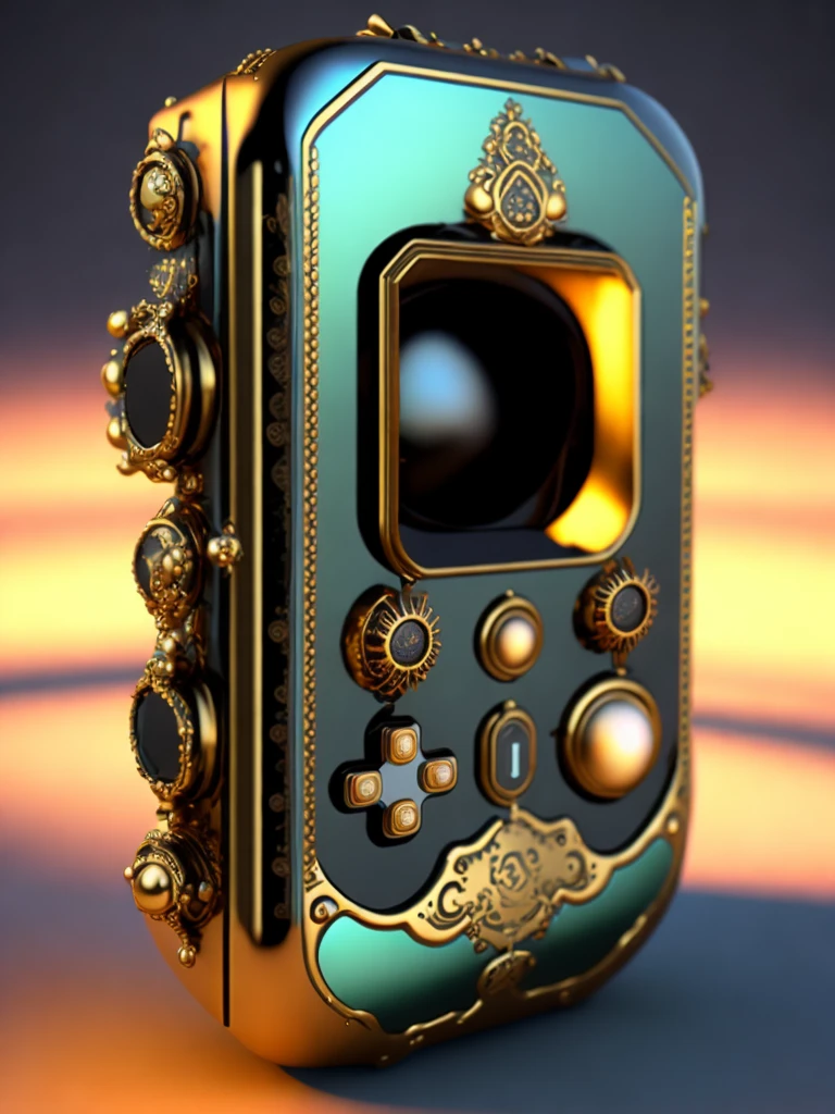 hyperrealistic neo - rococo steampunk minimal gameboy console. highly detailed digital art masterpiece, smooth cam de leon eric zener dramatic pearlescent soft light, ground angle hd 8 k, sharp focus