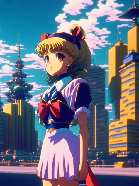 90's anime vintage anime screenshot joyful school girl Sailor Moon stay in front of post soviet city landscape on the background, deep bokeh, close-up, anime masterpiece