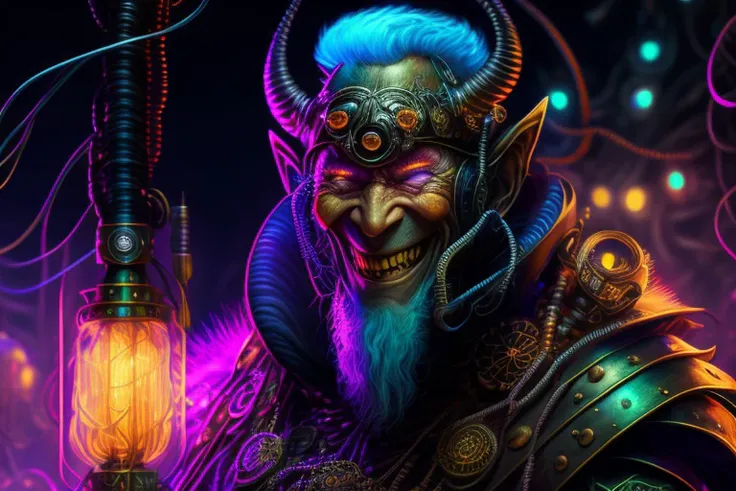 Portrait of A Psychedelic wires web waist-high black armor warhammer laughing elderly man - 4k uhd, hyper detailed, steampunk, lovecraft colors, dan mumford colors, psychedelic black light, epic composition