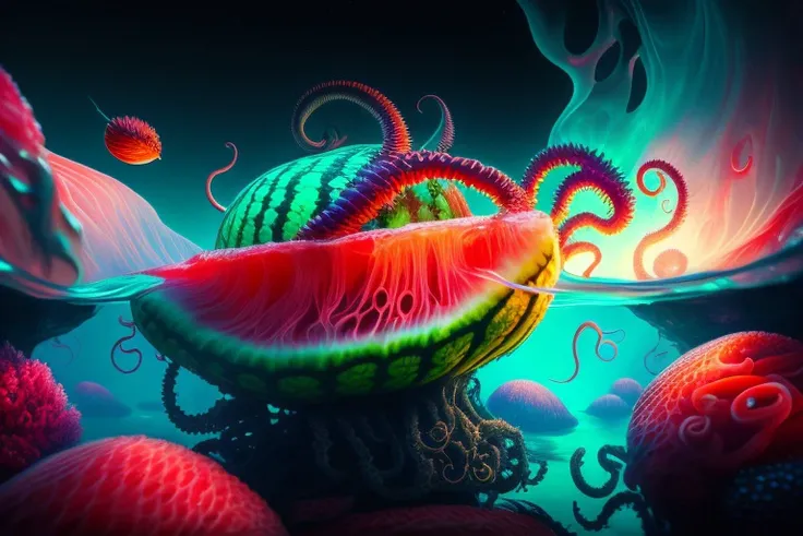 4k uhd, sharp contrast, dan mumford colors, digital extremely detailed painting Artstation coral tentacles - By alexander jansson smeared watermelon pattern floating in the air thick liquid creative - 4k uhd, hyper detailed, steampunk, lovecraft colors, psychedelic black light, epic composition