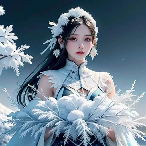 (snow rime:1.2), 1girl among rime-like colorful blue vanilla flowers, pale skin, black hair, black eyes, (unity 8k wallpaper, ultra detailed, masterpiece, best quality, official art, beautiful and aesthetic:1.2), <lora:FairyTaleV20_SD1.5:0.75>