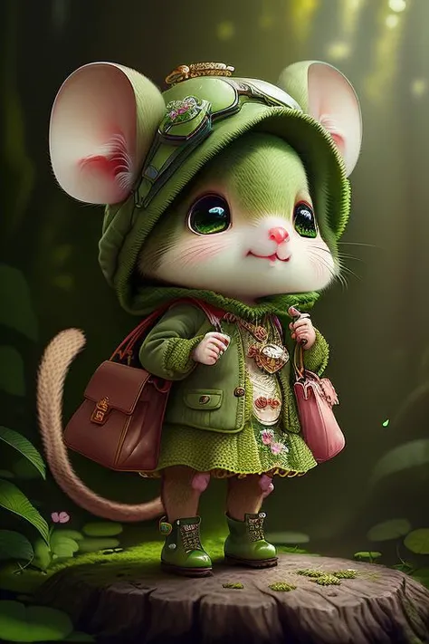 3D rendered of a lovely cute anthropomorphic little mouse, wearing green soft gorgeous fashion clothes and Martin boots, wearing gilt jewelry, big charming eyes, holding a fashion bag in her hand, forest background, movie lighting, colorful lighting effects, fluffy, petals, fairy tale, warm sunshine, <lora:FairyTaleV1a_SD1.5:0.9>