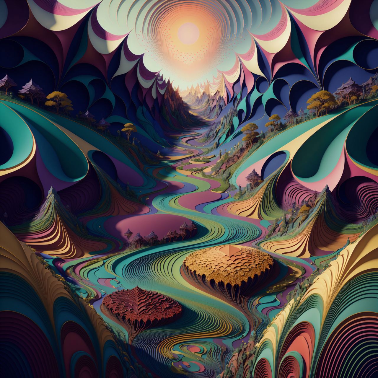A close up of a painting of a mountain with a sun in the sky - SeaArt AI