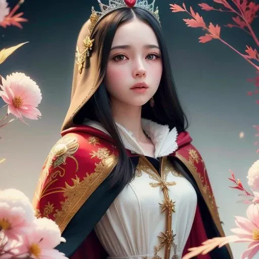 (fairy tale, snowfalls:1.2), 1girl among colorful vanilla flowers, pale skin, black hair, black eyes, red crystal crown and cloak, (unity 8k wallpaper, ultra detailed, masterpiece, best quality, official art, beautiful and aesthetic:1.2), <lora:FairyTaleV20_SD1.5:0.75>