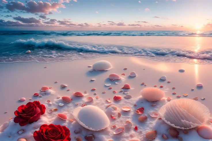 (rose) focus, delicate scene, depth of field, 8K, ivory sky, white clouds, sunlight shine, snow-white beach, coral sea, many colorful tiny shells on the beach, red roses <lora:FairyTaleV20_SD1.5:0.8> <lora:LowRA:0.4>