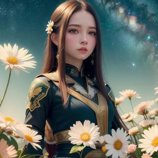 (delicate scene:1.2), 1girl among colorful vanilla flowers, pale skin, black hair, black eyes, mikyway stars, (unity 8k wallpaper, ultra detailed, masterpiece, best quality, official art, beautiful and aesthetic:1.2), <lora:FairyTaleV20_SD1.5:0.75>