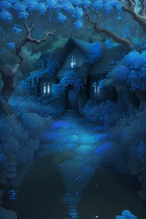 fantacy painting of a river path to beautiful house, beside house is a beautiful blue eucalyptus tree, full of pale dark blue flowers, crescents, depth of field, <lora:FairyTaleV1a_SD1.5:1.2>