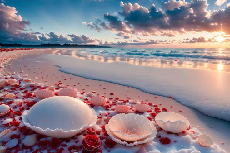 (rose) focus, delicate scene, depth of field, 8K, ivory sky, white clouds, sunlight shine, snow-white beach, coral sea, many colorful tiny shells on the beach, red roses <lora:FairyTaleV20_SD1.5:0.8> <lora:LowRA:0.4>