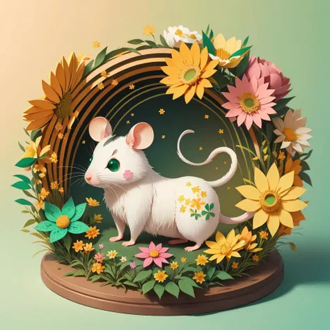 paper-cut craft, no-frame, no-mask, a cute rat among colorful vanilla oil flowers outline, gradient green orange wall, depth of field, Sony FDR-AX60, <lora:FairyTaleV20_SD1.5:0.7>