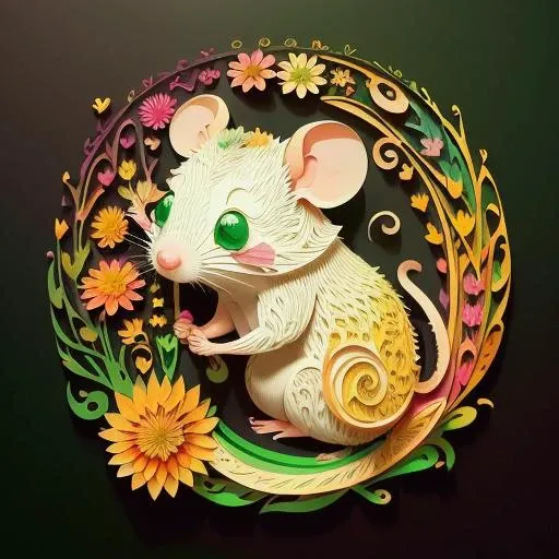 paper-cut craft, no-frame, no-mask, a cute rat among colorful vanilla oil flowers outline, gradient green orange wall, depth of field, Sony FDR-AX60, <lora:FairyTaleV20_SD1.5:0.7>