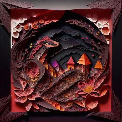 (paper-cut craft, dark square photo-frame:1.2), no-mask, a cute snake wrapped around landscape with flowers, gradient red brown colorful, depth of field, Sony FDR-AX60, <lora:FairyTaleV20_SD1.5:0.7>