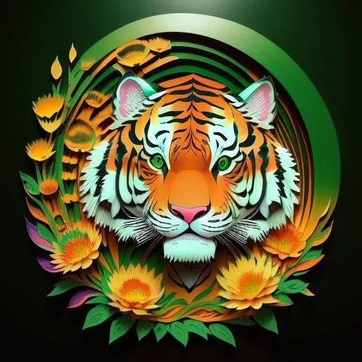 paper-cut craft,no-frame,no-mask,a latent tiger among colorful vanilla oil flowers outline,gradient green orange wall,depth of field,Sony FDR-AX60,<lora:FairyTaleV20_SD1.5:0.7>,