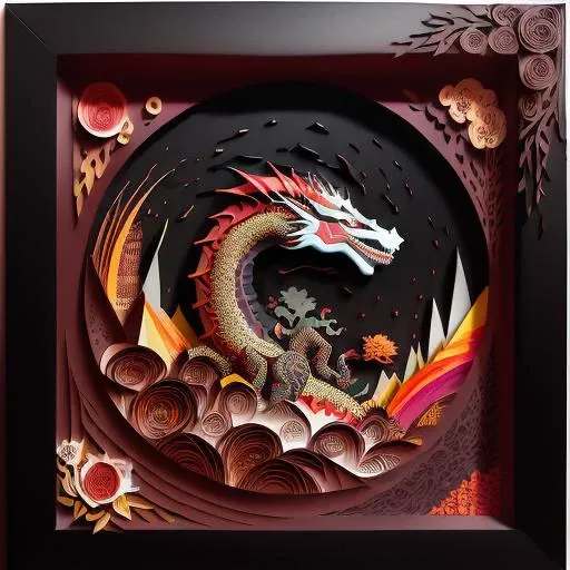 (paper-cut craft,dark square photo-frame:1.2),no-mask,a Chinese traditional dragon flying over landscape with flowers,gradient red brown colorful,depth of field,Sony FDR-AX60,<lora:FairyTaleV20_SD1.5:0.7>,