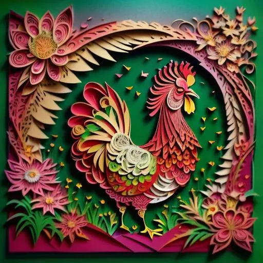 (paper-cut art painting,no-frame,no-mask:1.2),a rooster crowing in the colorful garden,grasses and flowers,gradient green colorful,depth of field,Sony FDR-AX60,<lora:FairyTaleV20_SD1.5:0.7>,