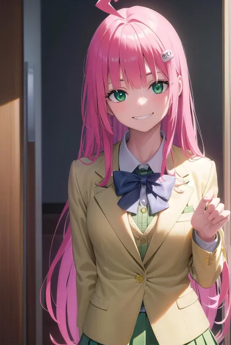 laladevilluke, <lyco:laladeviluke-lyco-nochekaiser:1>,
lala deviluke, long hair, pink hair, tail, ahoge, bangs, hair ornament, (green eyes:1.5), <lora:talkmouth_I_v100:0.8>, smile,
BREAK school uniform, white shirt, (yellow blazer:1.5), blazer, ribbon, green ribbon, pleated, pleated skirt, skirt, (green skirt:1.5),
BREAK indoors, classroom,
BREAK looking at viewer, (cowboy shot:1.5),
BREAK <lyco:GoodHands-beta2:1>, (masterpiece:1.2), best quality, high resolution, unity 8k wallpaper, (illustration:0.8), (beautiful detailed eyes:1.6), extremely detailed face, perfect lighting, extremely detailed CG, (perfect hands, perfect anatomy),