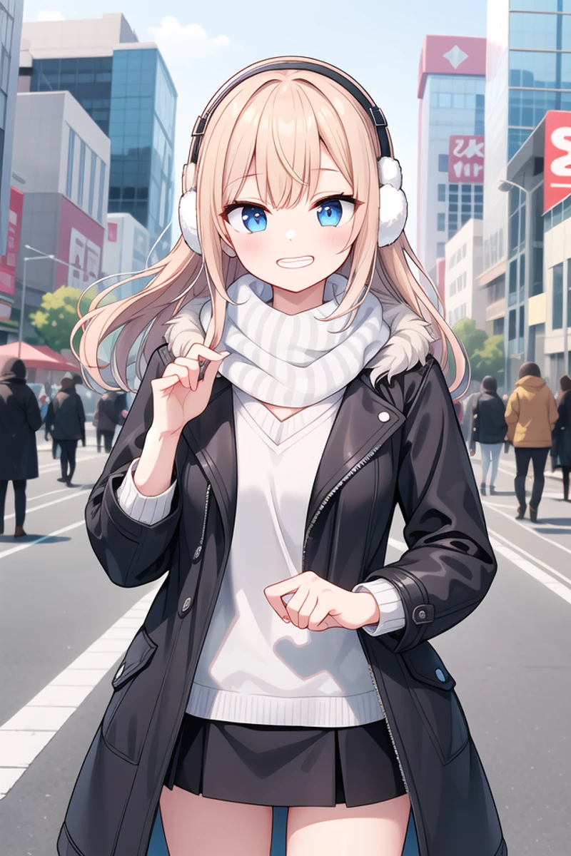 <lora:talkmouth_I_type1_v200:1>
insanely detailed, absurdres, ultra-highres, ultra-detailed, best quality,
1girl, solo, nice hands, perfect hands
BREAK
(wearing a black coat over a white tank top:1.3), (open coat:1.3), (tight leather black mini skirt:1.3), (floating scarf:1.2), (Nordic patterned winter scarf:1.3), ((Covers both ears with fluffy white fur, fluffy Earmuff):1.3), (heeled boots:1.2),
(See-through:-1), (white coat:-1), (black tank top:-1), (tank:-1), (navel:-1)
BREAK
(nsfw:-1.5)
BREAK
smile, open mouth
BREAK
(45 angle:-1.5), (from side:-1.5),
standing, cowboy shot, looking at viewer
BREAK
slender, kawaii, perfect symmetrical face, ultra cute girl, ultra cute face, ultra detailed eyes, ultra detailed hair, ultra cute, ultra beautiful
BREAK
in street, cityscape in akihabara, depth of field, ultra detailed background
BREAK
medium large breasts
BREAK
blonde hair, blue eyes, crochet braids,