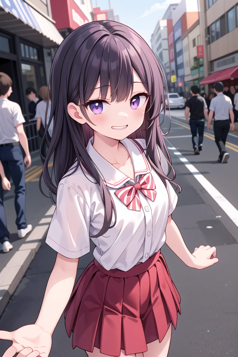 <lora:talkmouth_I_type1_v200:1>
insanely detailed, absurdres, ultra-highres, ultra-detailed, best quality,
1girl, solo, nice hands, perfect hands
BREAK
summer school uniform, (plain dark red skirt with many pleats:1.4), (striped red bowtie:1.3), short sleeves, white shirt, shirt with white button, shirt_tucked_in
BREAK
(breast pocket, vest, blazor, long sleeves, checked skirt, striped skirt, striped shirt, striped sleeves, bra visible through clothes, skirt with frill:-1)
BREAK
(nsfw:-1.5)
BREAK
smile, open mouth
BREAK
from above,
standing, cowboy shot, looking at viewer
BREAK
slender, kawaii, perfect symmetrical face, ultra cute girl, ultra cute face, ultra detailed eyes, ultra detailed hair, ultra cute, ultra beautiful
BREAK
in street, cityscape in harajuku, depth of field, ultra detailed background
BREAK
medium breasts
BREAK
purple hair, purple eyes, messy hair,